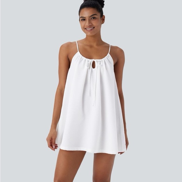 HALARA Dresses & Skirts - HALARA White Spaghetti Strap Mini Dress with Keyhole Tie